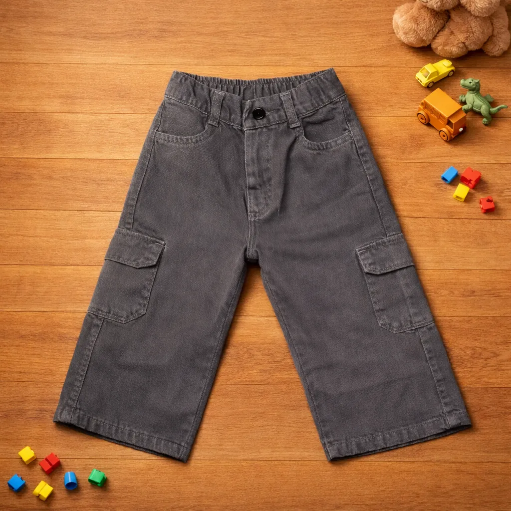 Unisex Grey Baggy Cargo Pants for Kids | 1–3 Years