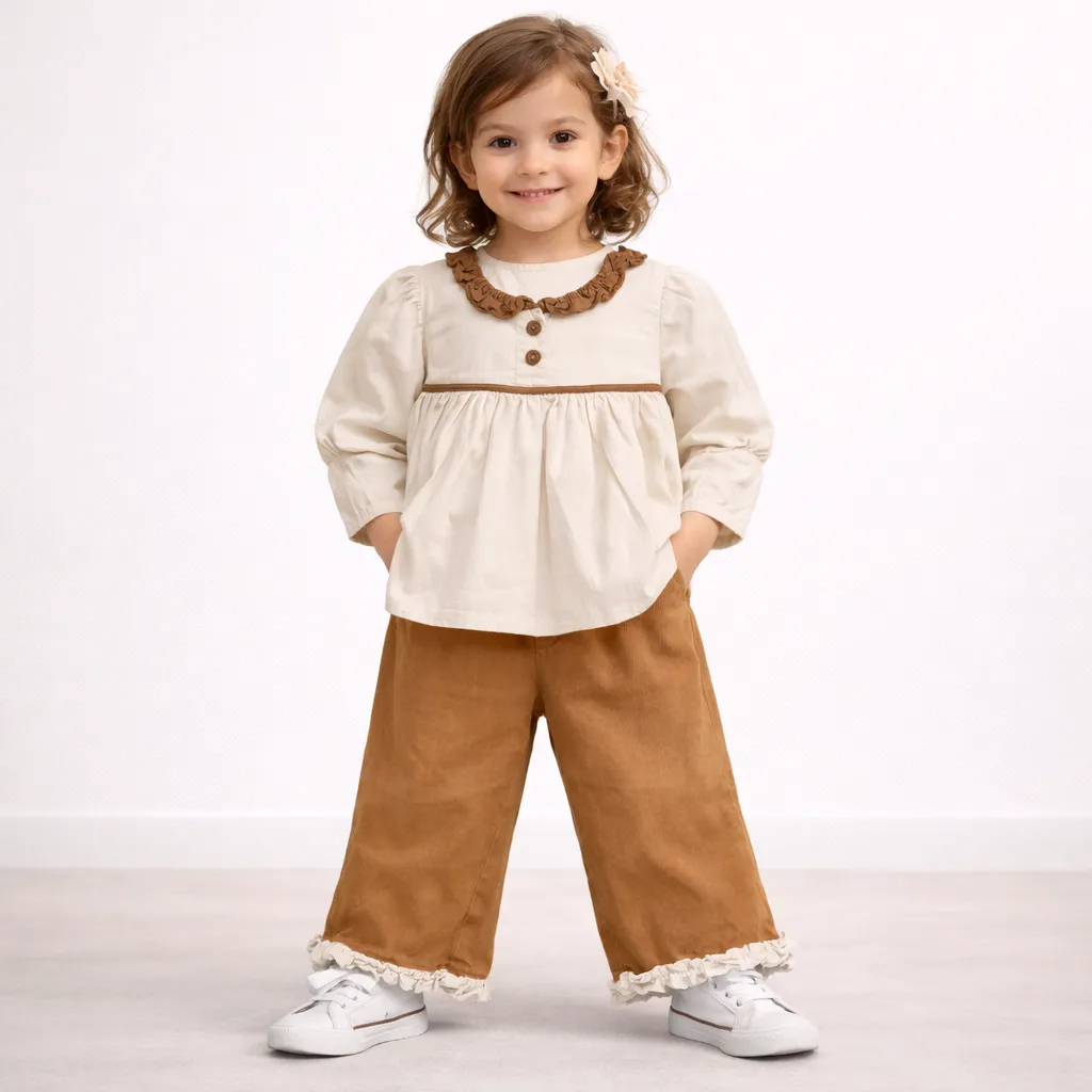 Girls Korean Co-ord Set - Choco Brown | Cream Top & Brown Pants | Sizes M–XXL