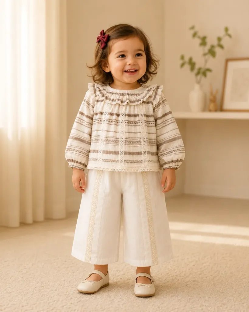 Girls Striped Co-ord Set – Sand Beige (2-Piece Outfit, Sizes S, M, L & XL)