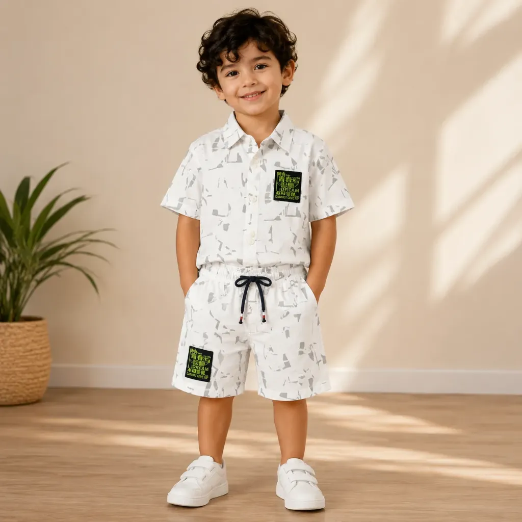 Kids Printed Shirt & Shorts Co-ord Set – White (Ages 1–4 Years)