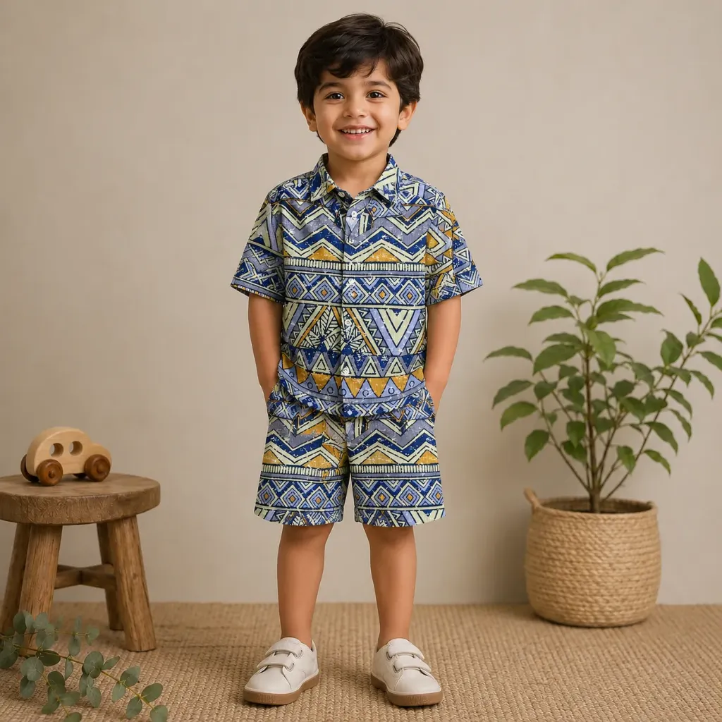 Kids Printed Shirt & Shorts Co-ord Set – Blue (Ages 1–5 Years)