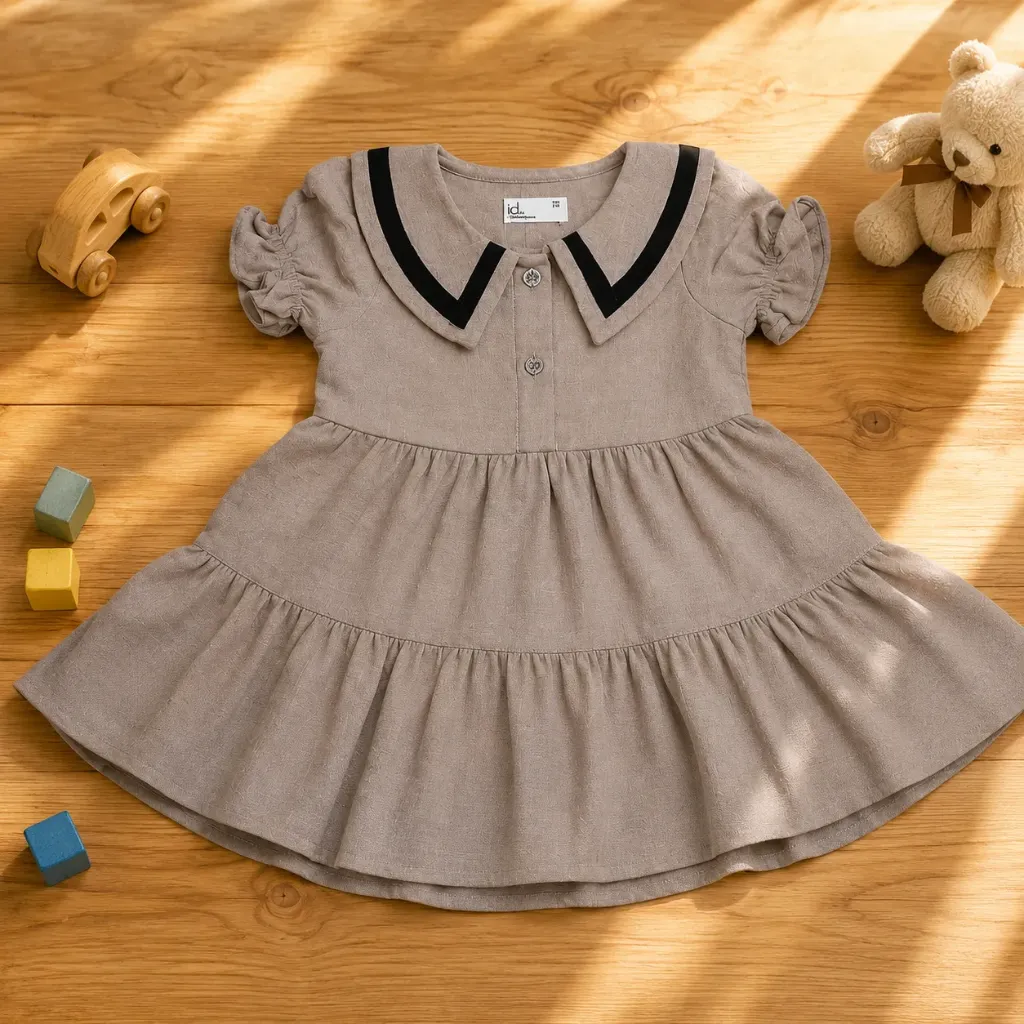Girls Peter Pan Collar Tiered Dress – Taupe (Ages 1–6 Years)
