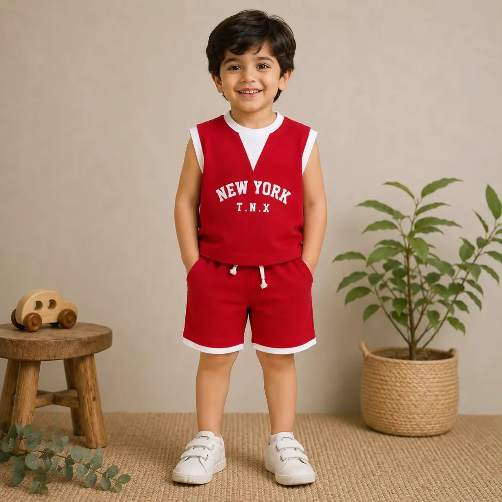 [mkw-300-0005-1] Kids Sleeveless Cord Set with Shorts | Unisex Summer Outfit 1–5 Years (1 Y, Red)